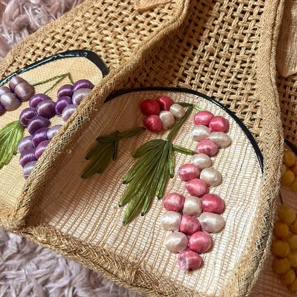 Vintage Handcrafted Tan Woven Bag with Colorful Raffia Flowers - Picture 4 of 5